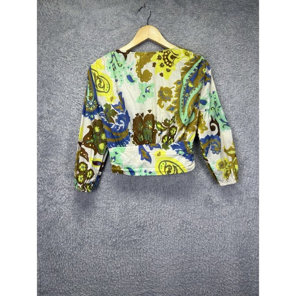 Zara Womens Long Sleeve Twist Front Crop Top Medium Paisley Boho V Neck Fitted - Picture 10 of 11